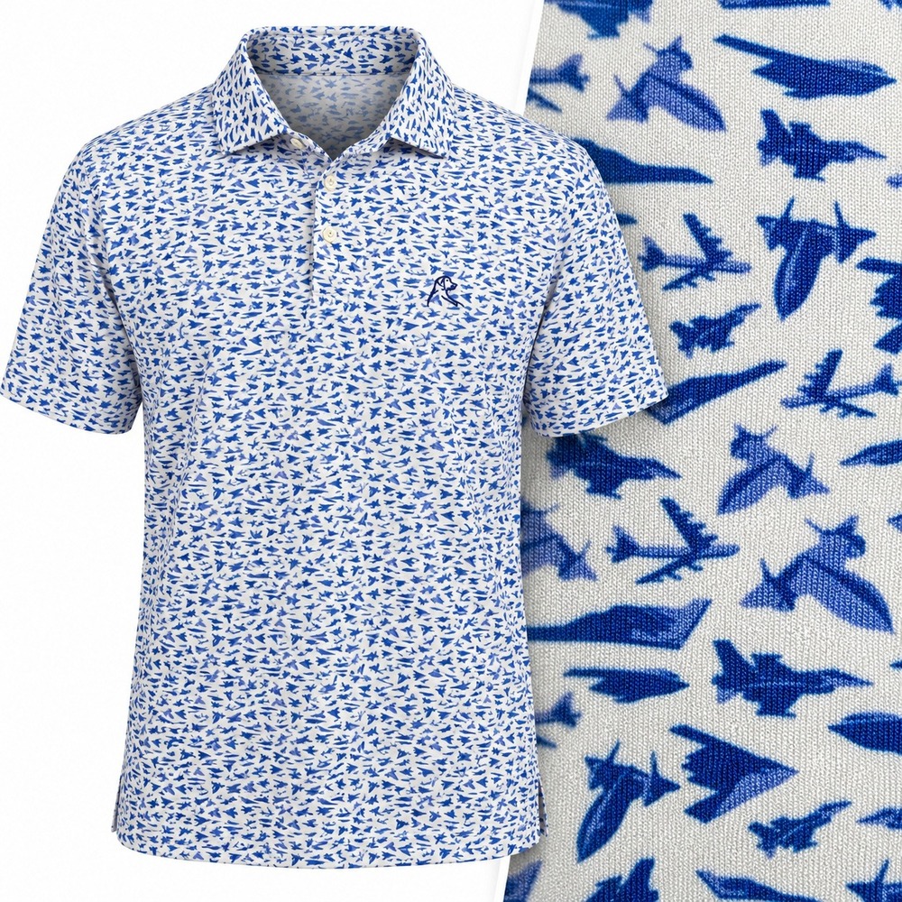 Rhoback Mens XXL Performance Polo Shirt Blue White Airplane Fighter Jet Aviation